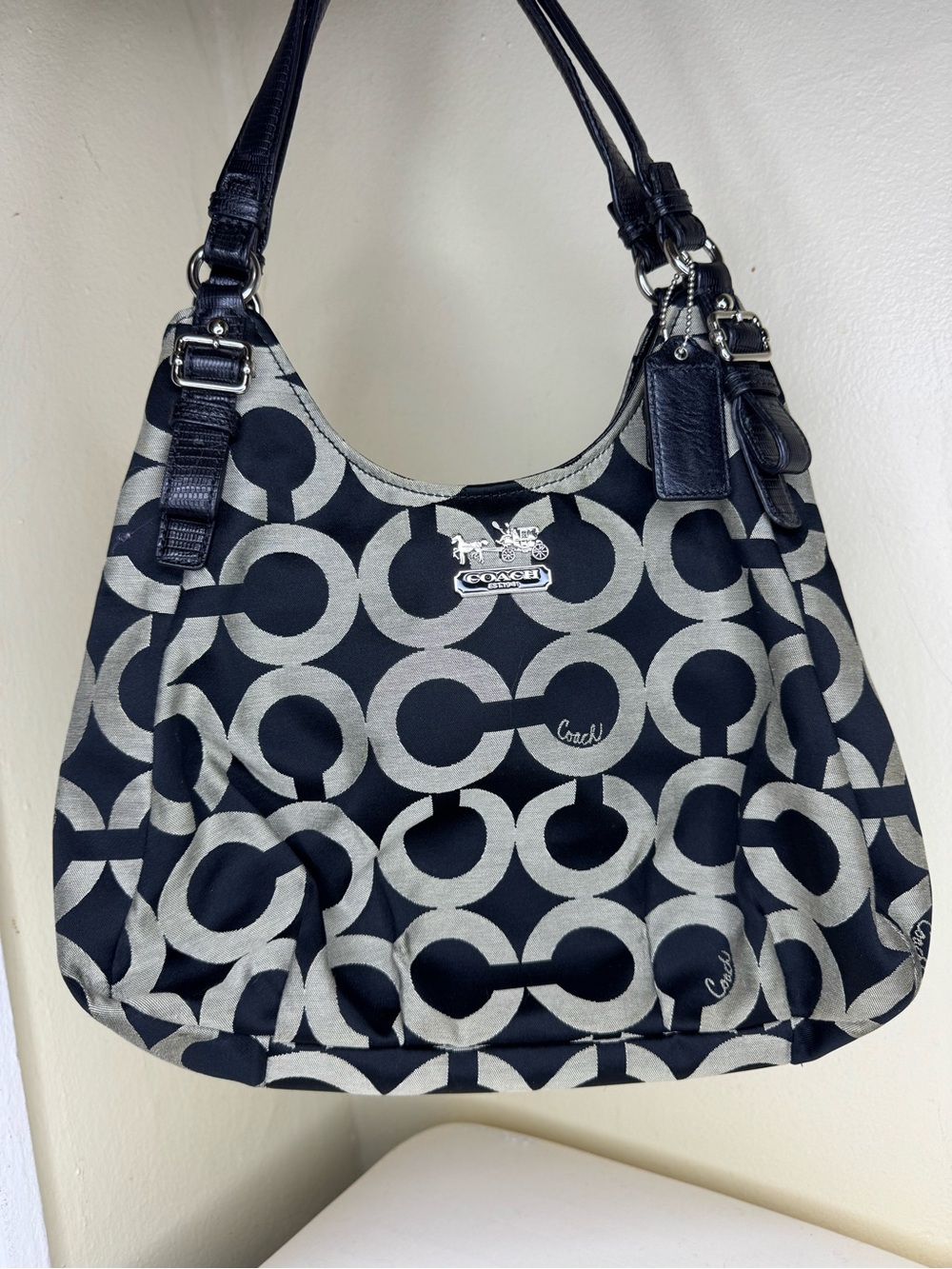 Coach Black and Gray Signature Circle Jacquard Shoulder Bag